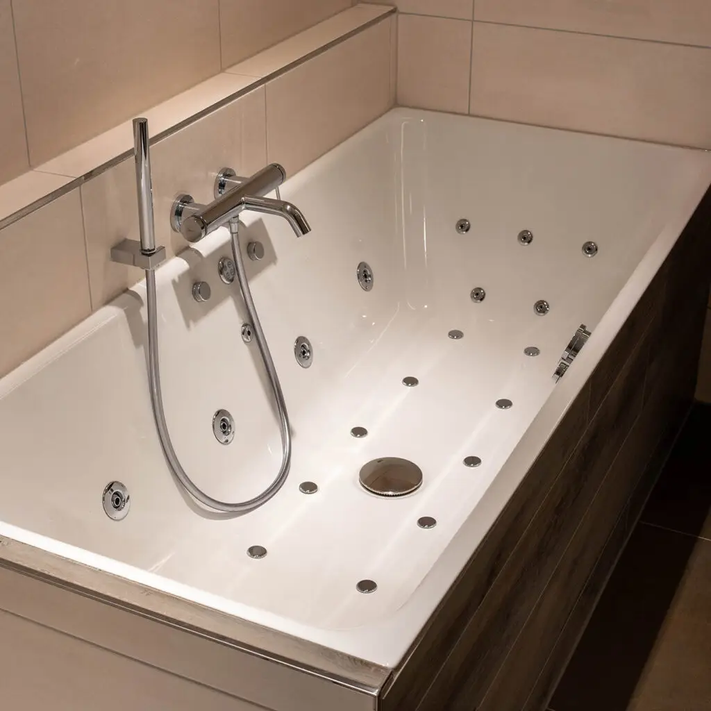Whirlpool-Badewanne mit zahlreichen Massagedüsen und moderner Chromarmatur in einem elegant gefliesten Badezimmer.